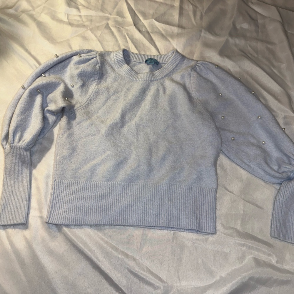 Light Gray Sweater with Pearl Accents Puffy Sleeves Size XS
